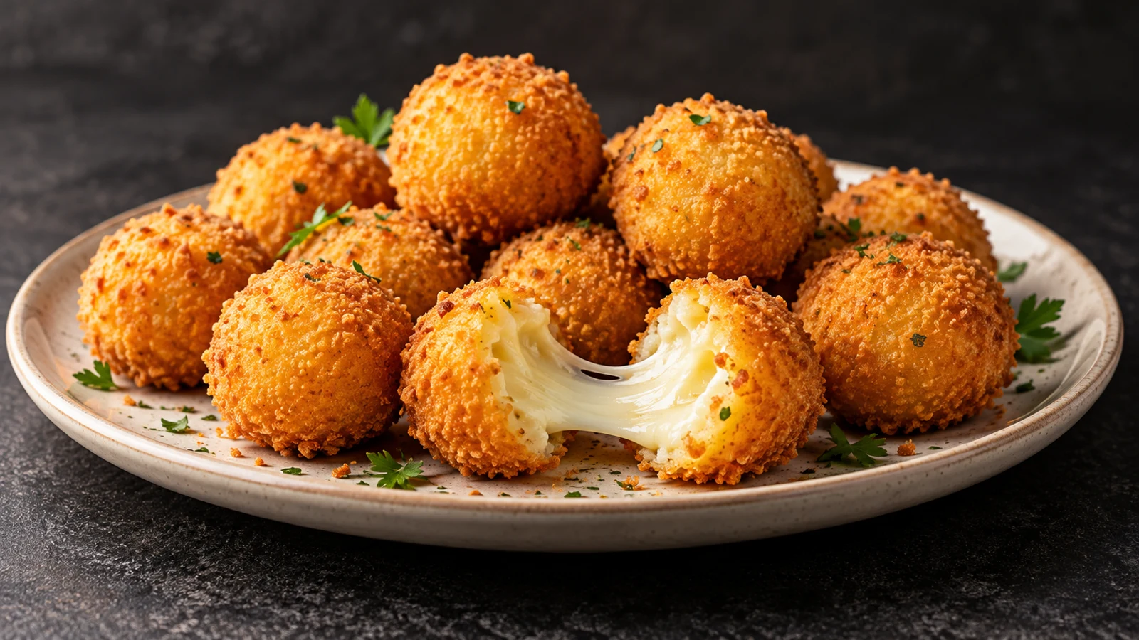 Imagem ilustrativa de bolinhas de queijo douradas em um prato, com uma unidade aberta mostrando o recheio de muçarela.