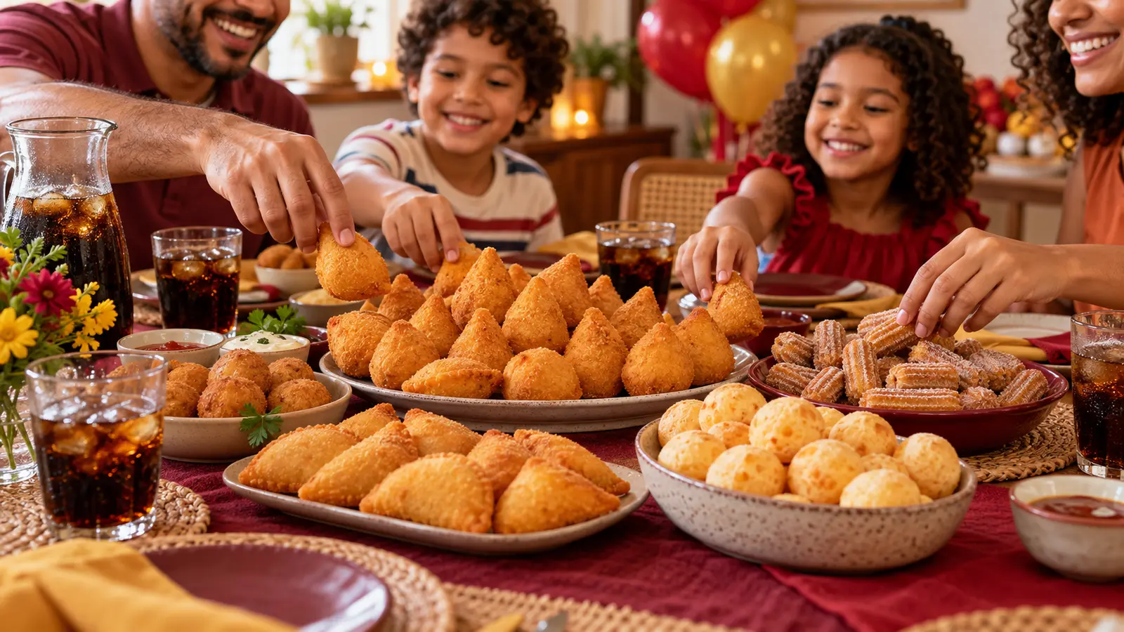 Mesa de Dia das Crianças com coxinhas, salgados, mini churros e bebida para uma comemoração em família