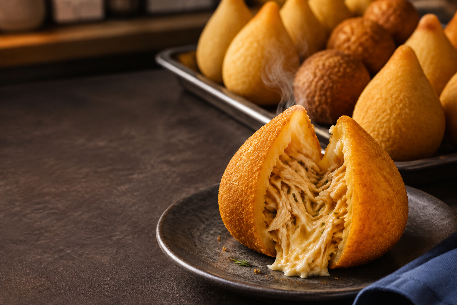 Coxinha dourada aberta, com recheio cremoso, ao lado de uma bandeja de salgados